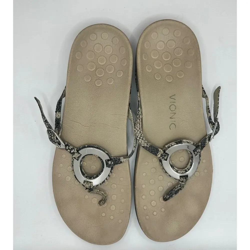 Vionic Women's Karina Sandals Size 10 Snakeskin Leather Silver Comfort Thong